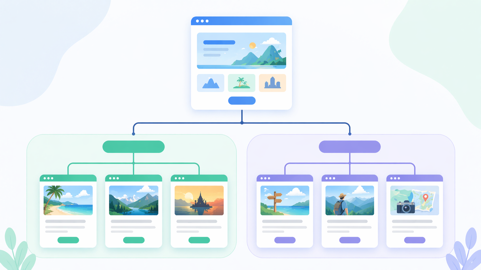 Sơ đồ cấu trúc website du lịch gồm trang chủ, trang tour và blog chuẩn SEO