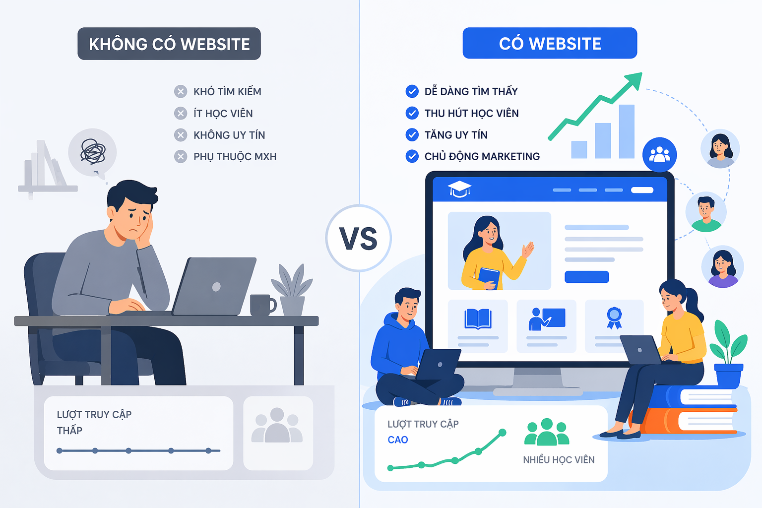 so sánh trung tâm có website và không có website trong việc thu hút học viên