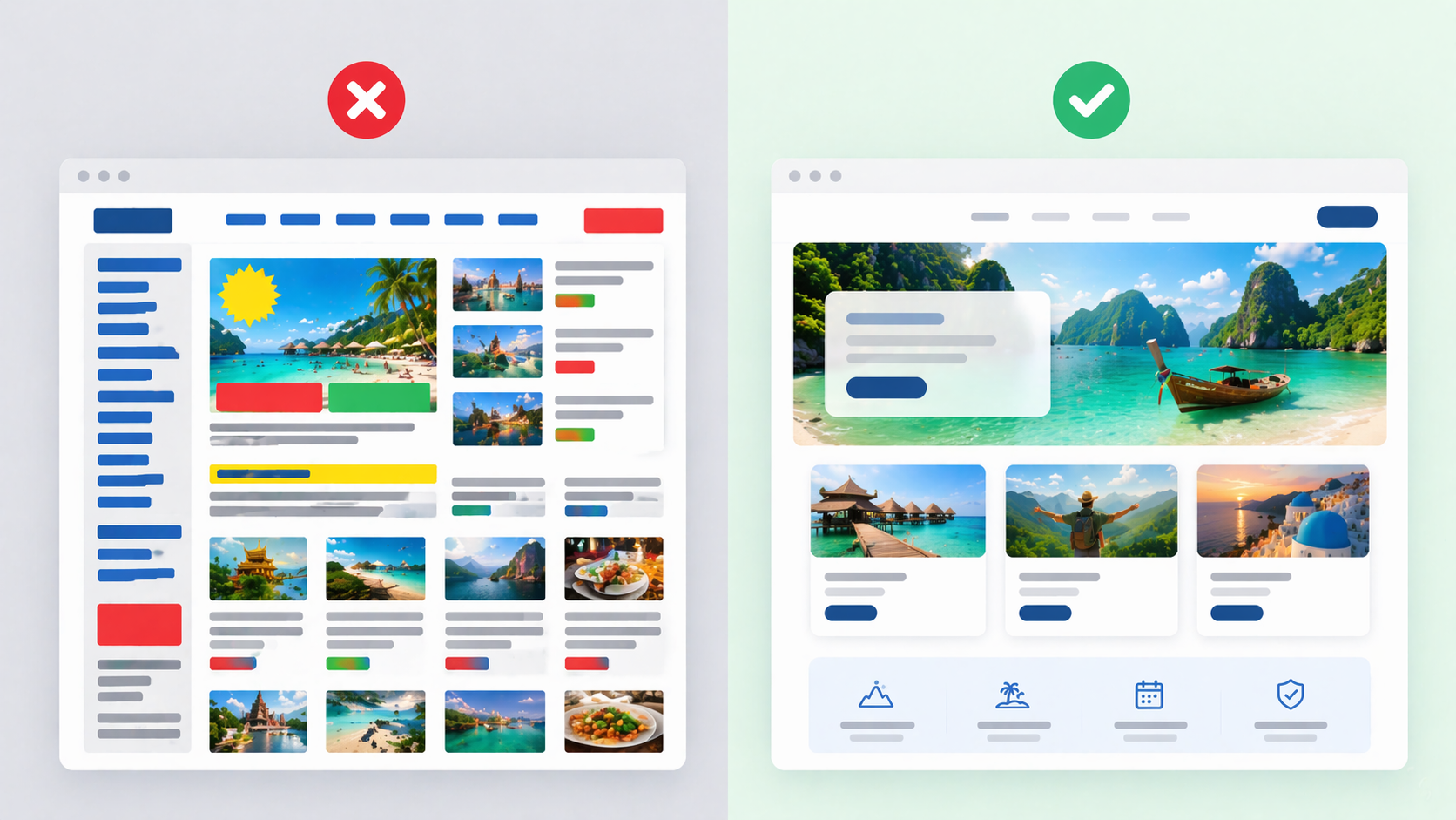 So sánh website du lịch thiết kế kém và website chuyên nghiệp chuẩn UX UI