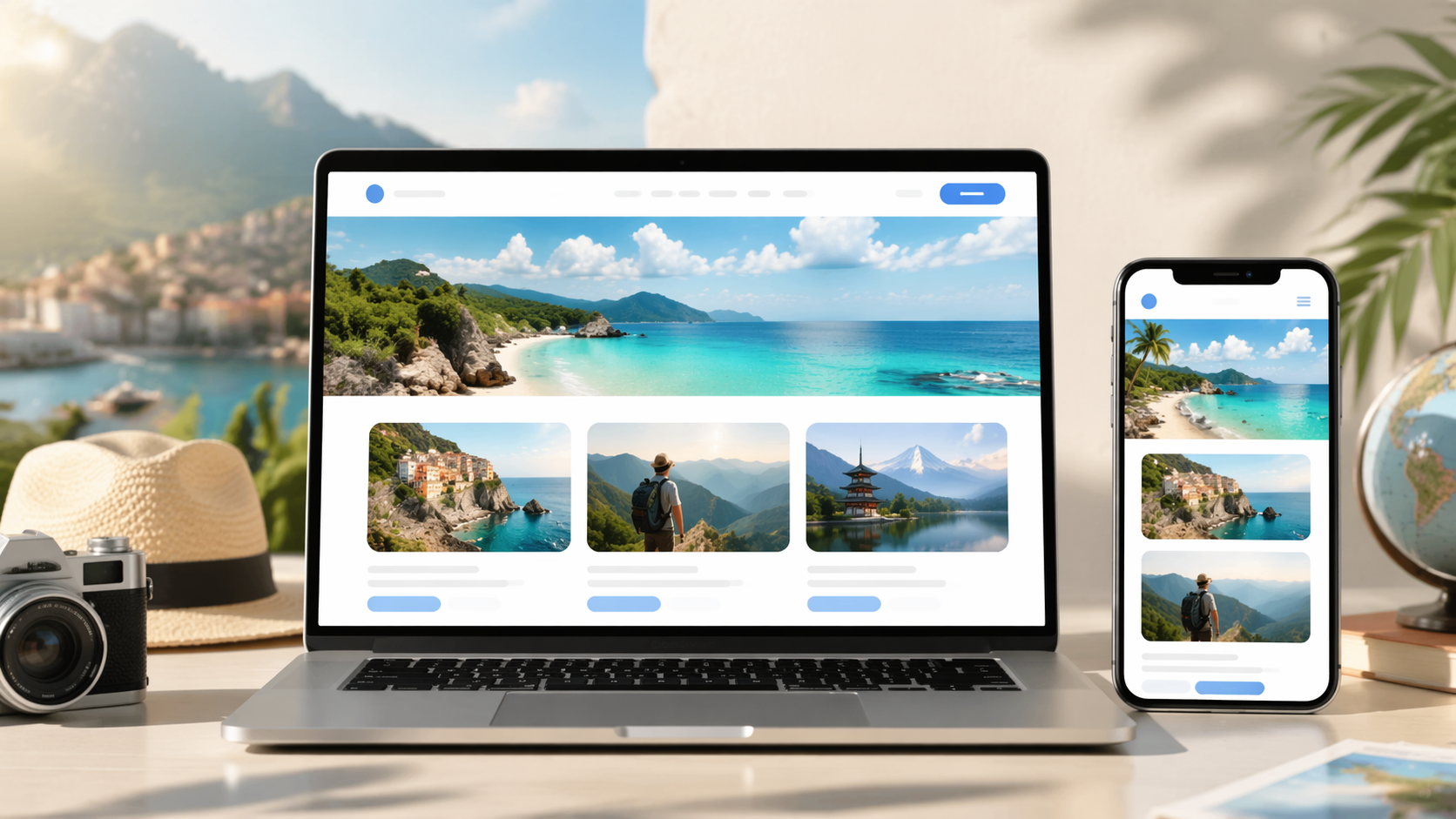 Thiết kế website du lịch chuyên nghiệp hiển thị trên laptop và điện thoại với giao diện hiện đại