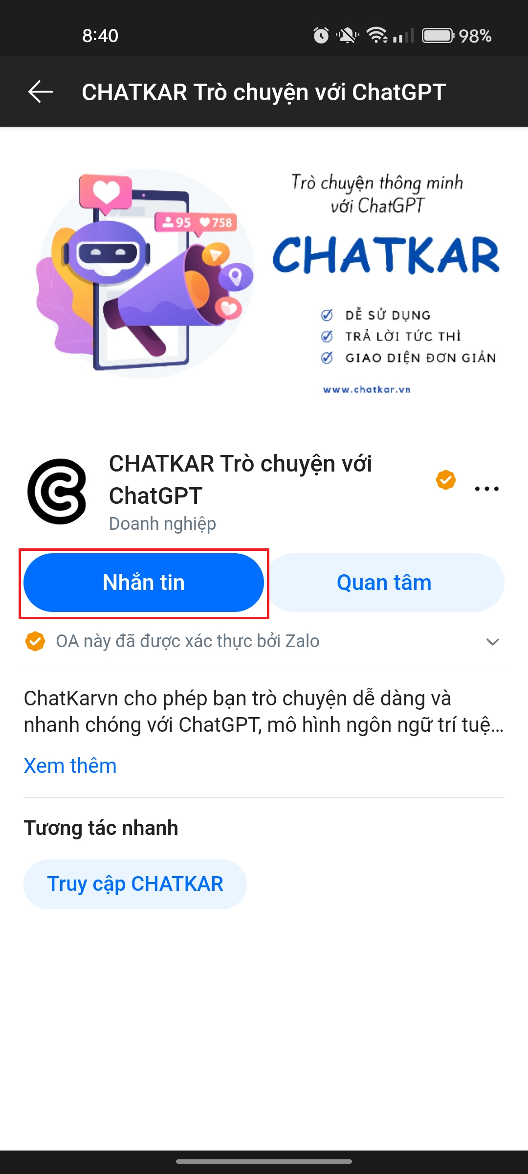 chatgpt trên zalo